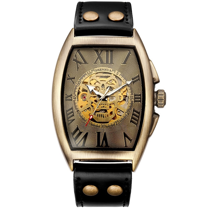 Geekthink Reloj Mecánico Automático Esqueleto Transparente para Hombres con Correa de Cuero Genuino, de Marca de Lujo, Auto Cuerda, Estilo Retro"