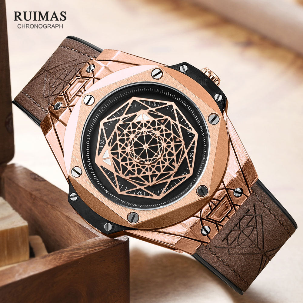 RUIMAS - Reloj deportivo de lujo para hombre, con estilo militar y correa de cuero. ¡El complemento perfecto para tus aventuras y actividades deportivas! 💪🏃‍♂️