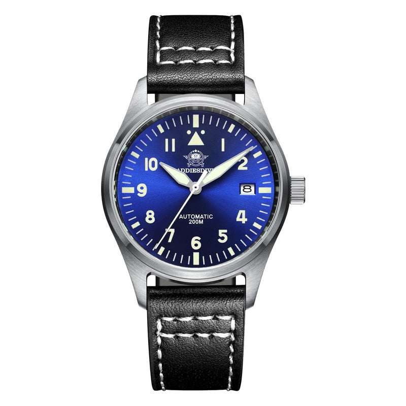 Addies Reloj de buceo mecánico para hombre, pulsera de cuero con cristal de zafiro, reloj de piloto de negocios, NH35, automático, resistente al agua hasta 200M