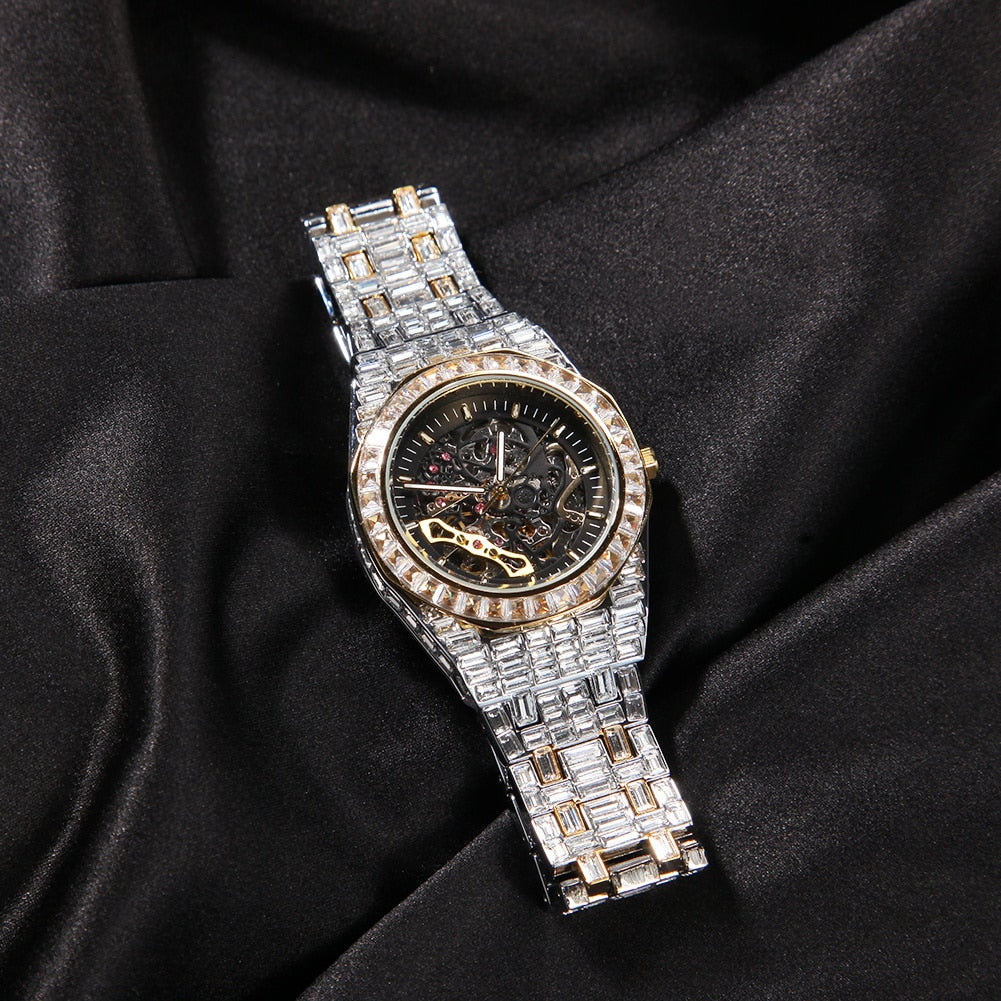 Uwin-reloj HIP- HOP totalmente mecánico de acero inoxidable para hombre, resistente al agua, con diamantes minimalistas, diseño clásico