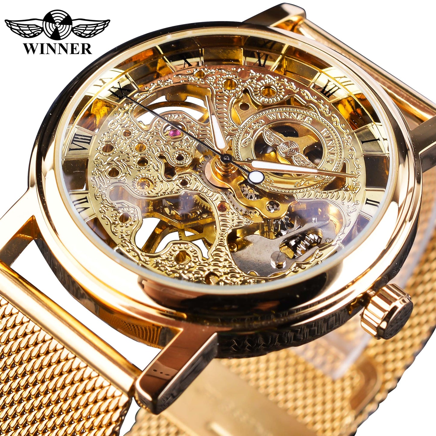 Winner ⌚  impresionante Reloj de Hombre con Caja Dorada Transparente, HERMOSA COLECCION Diseño Casual de Lujo y Correa de Cuero Marrón 🕶️ Reloj Mecánico Esqueleto de Marca Top de Lujo 🌟