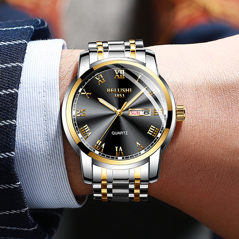 BELUSHI-Reloj de pulsera de cuarzo deportivo para hombre, cronógrafo de acero inoxidable con fecha, luminoso, resistente al agua, de lujo