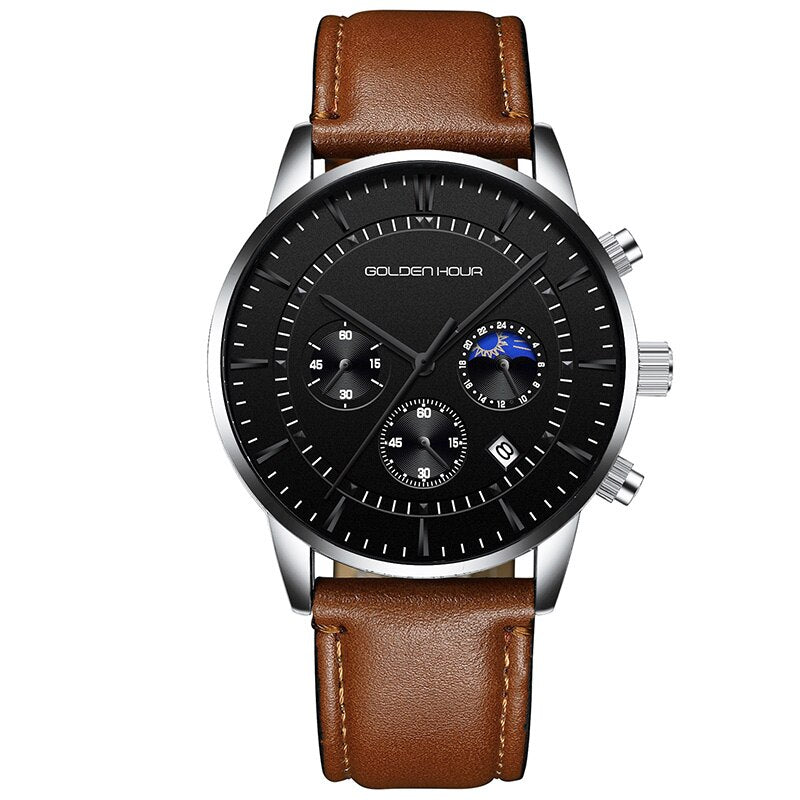 GOLDENHOUR-Reloj deportivo, cronógrafo cuarzo, de lujo, moda, cuero, resistente al agua