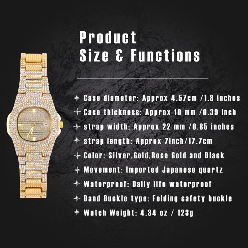 TOPGRILLZ con Incrustaciones en Cuadrante de Color Dorado, Estilo HIP HOP, Cuarzo y Acero Inoxidable con Micropave CZ. Reloj de Moda Relojio."