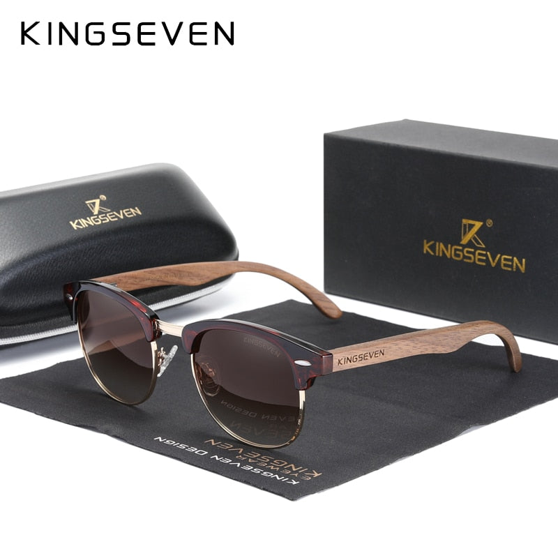 KINGSEVEN 🌳🕶️ Gafas de sol polarizadas hechas a mano para hombre y mujer. Lentes de madera de nogal negro, protección UV400, sin montura, estilo retro para el 2023. 😎🌟