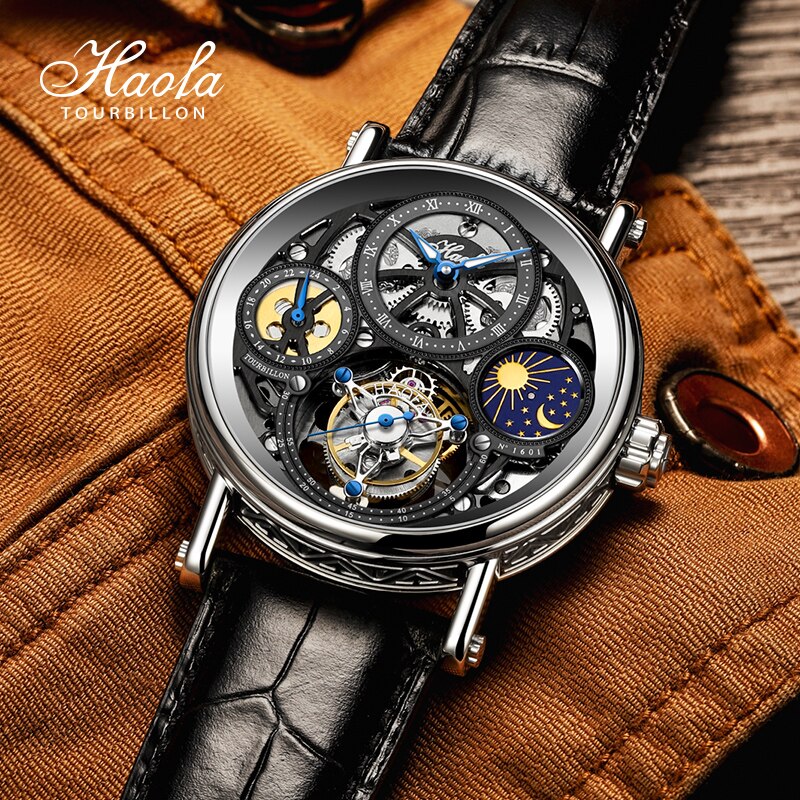 Haofa-Reloj de pulsera con movimiento Tourbillon para hombre, cronógrafo mecánico de zafiro, Tourbillon, día y noche, 1601