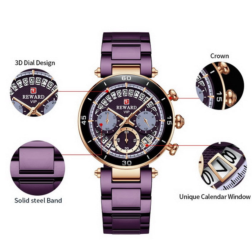REWARD Reloj de pulsera de recompensa para mujer, cronógrafo con fecha de viaje a la moda, resistente al agua, informal, de cuarzo