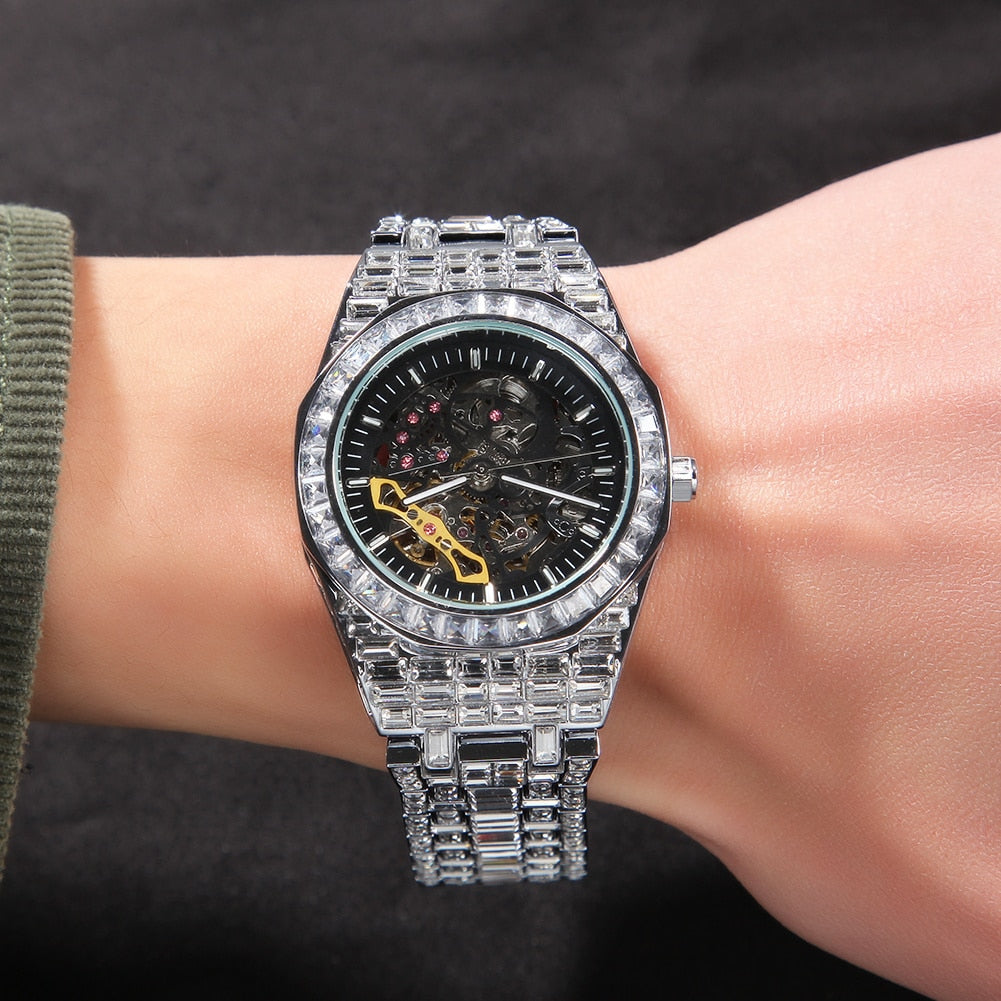 Uwin-reloj HIP- HOP totalmente mecánico de acero inoxidable para hombre, resistente al agua, con diamantes minimalistas, diseño clásico