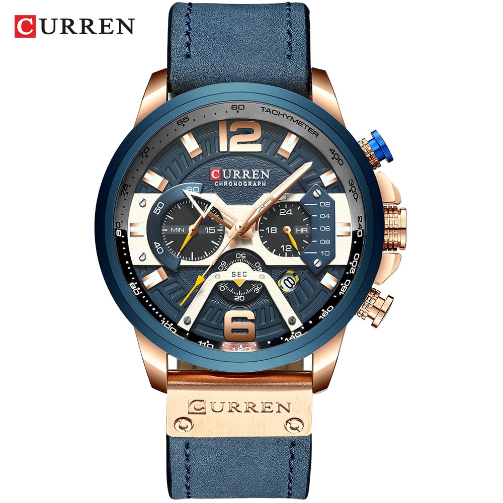CURREN-relojes para hombre, con estilo informal y militar de lujo, cuenta con un cronógrafo de moda con correa de cuero. Con Caja ideal para regalar.