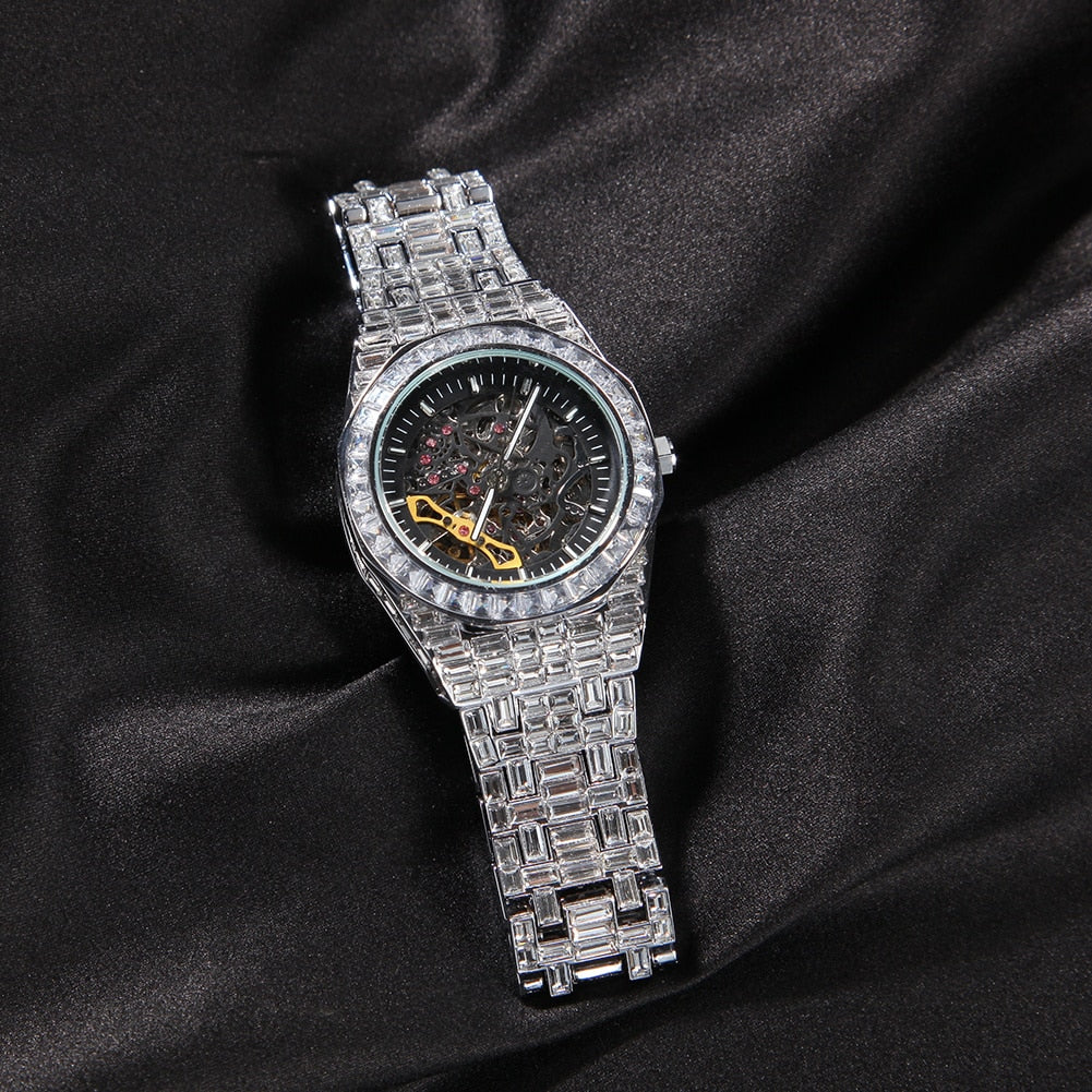 Uwin-reloj HIP- HOP totalmente mecánico de acero inoxidable para hombre, resistente al agua, con diamantes minimalistas, diseño clásico