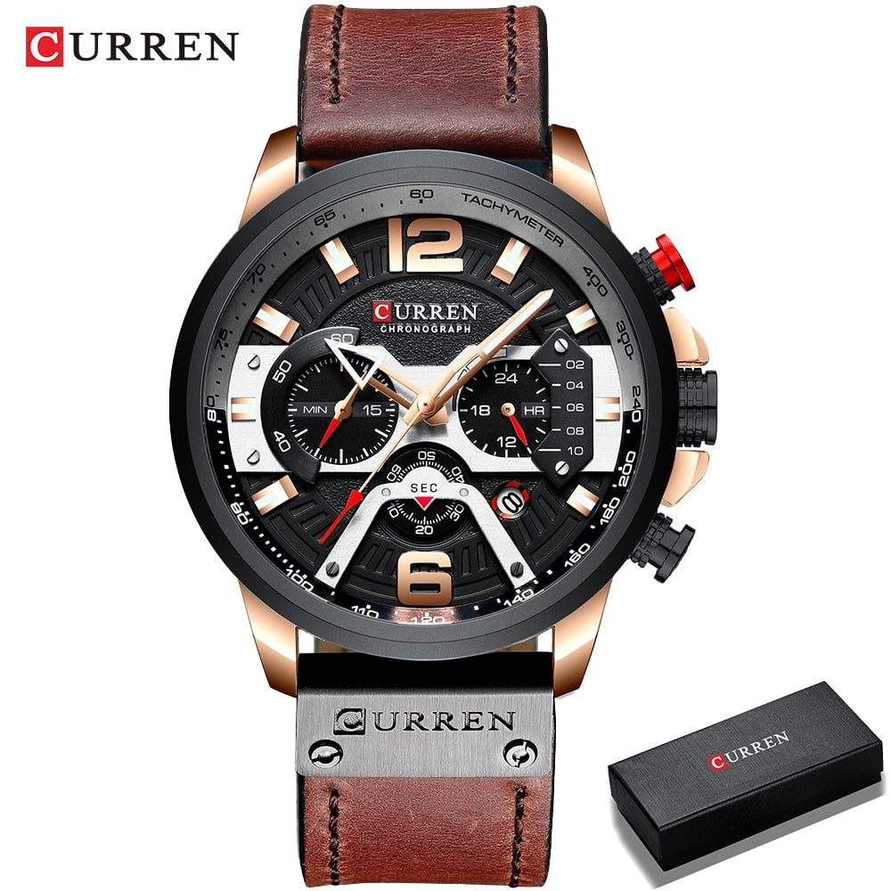 CURREN-relojes para hombre, con estilo informal y militar de lujo, cuenta con un cronógrafo de moda con correa de cuero. Con Caja ideal para regalar.
