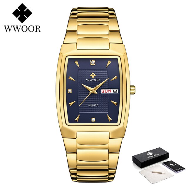 WWOOR ¡Presentamos el "Reloj Dorado de Lujo" para hombres con un nuevo diseño! Fabricado en acero inoxidable, es resistente al agua y cuenta con un calendario y mecanismo de cuarzo. ¡El complemento perfecto para cualquier ocasión! ⌚✨