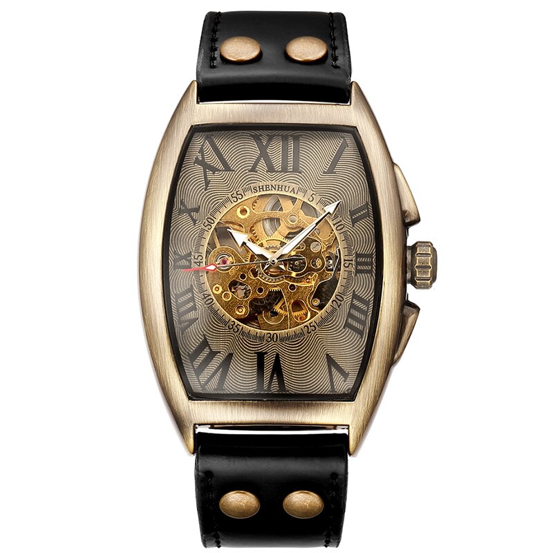 Geekthink Reloj Mecánico Automático Esqueleto Transparente para Hombres con Correa de Cuero Genuino, de Marca de Lujo, Auto Cuerda, Estilo Retro"