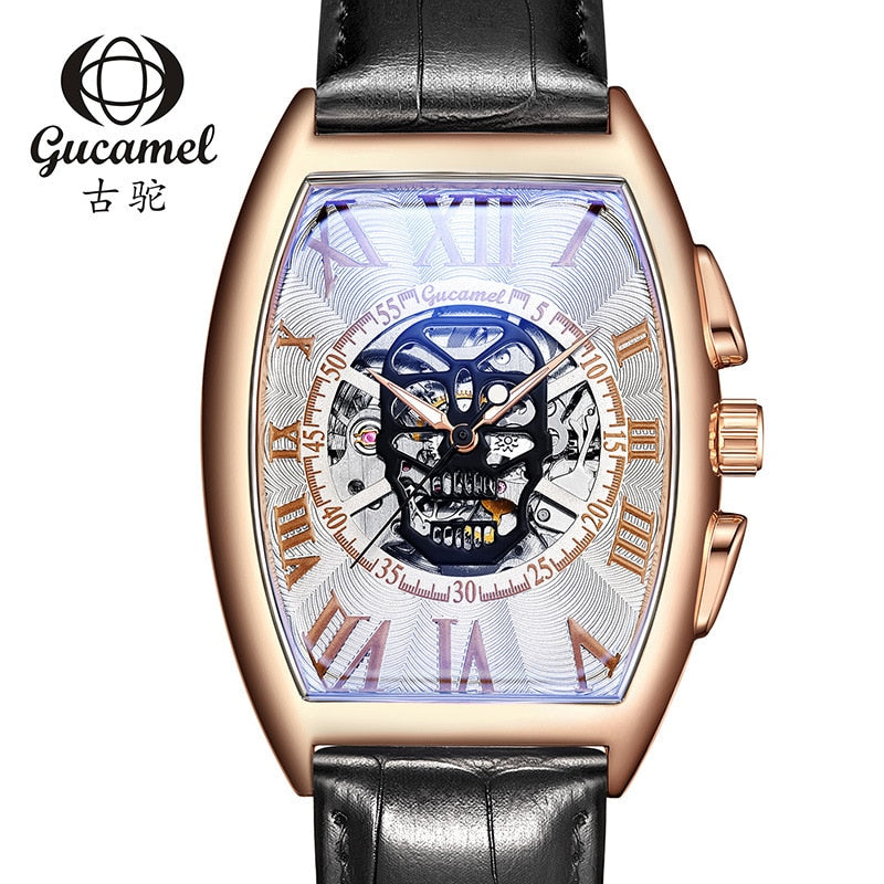 Geekthink Reloj Mecánico Automático Esqueleto Transparente para Hombres con Correa de Cuero Genuino, de Marca de Lujo, Auto Cuerda, Estilo Retro"