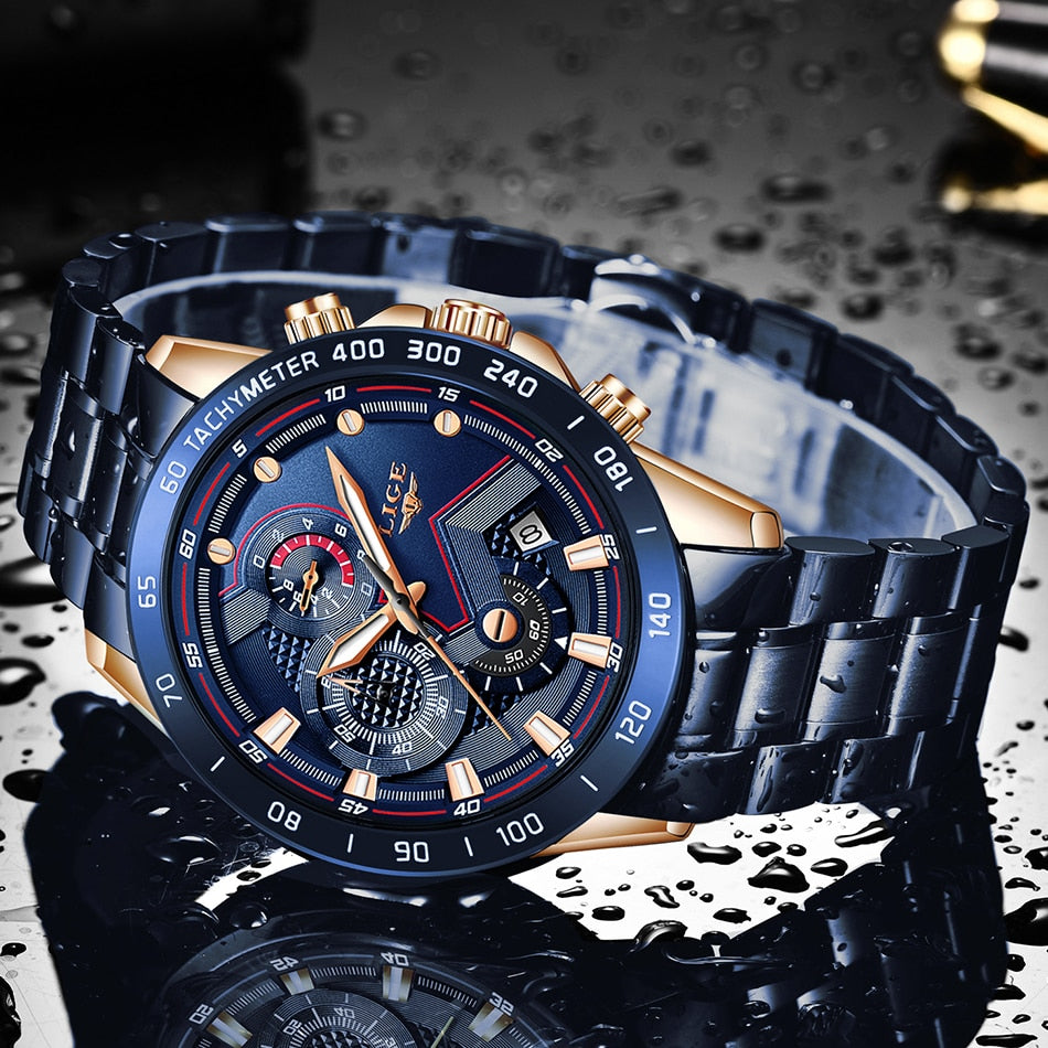 LIGE - 🕰️⌚💪 Reloj deportivo de lujo para hombres 💙💣👨  Cronógrafo de cuarzo y acero inoxidable ⏱️🔧💎  Color azul, estilo militar, a la moda 💙🎖️👨‍✈️  Resistente al agua 💧💦🌊
