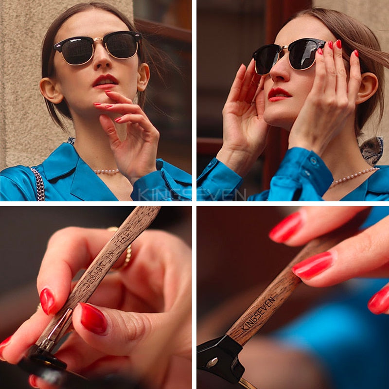 KINGSEVEN 🌳🕶️ Gafas de sol polarizadas hechas a mano para hombre y mujer. Lentes de madera de nogal negro, protección UV400, sin montura, estilo retro para el 2023. 😎🌟