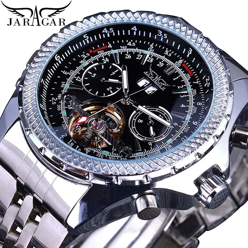 Jaragar 2017 – reloj con esfera dorada con bisel dorado para hombres, diseño de esfera de acero inoxidable, mecánico, automático, masculino