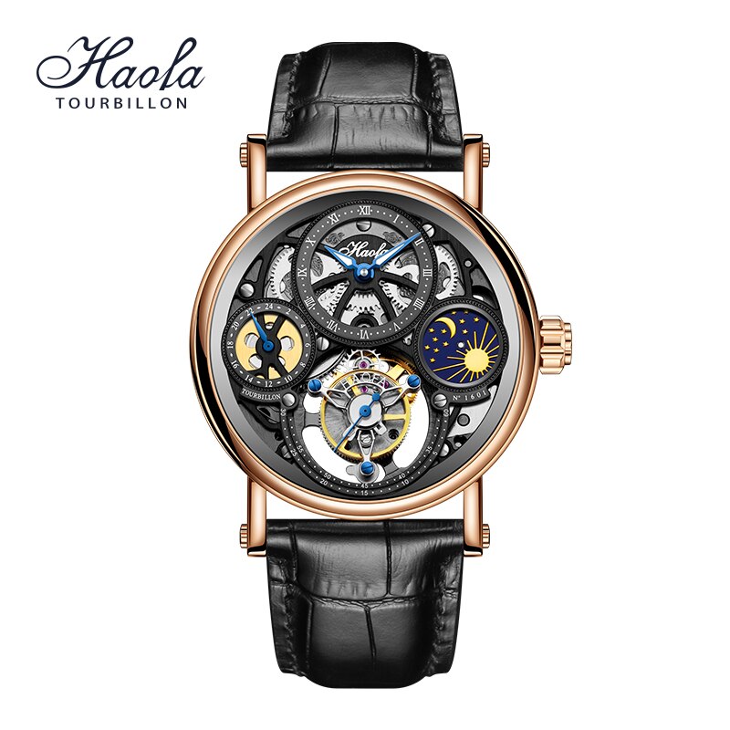 Haofa-Reloj de pulsera con movimiento Tourbillon GMT para hombre, cronógrafo mecánico de zafiro, con carcasa CNC de día y noche, 1601