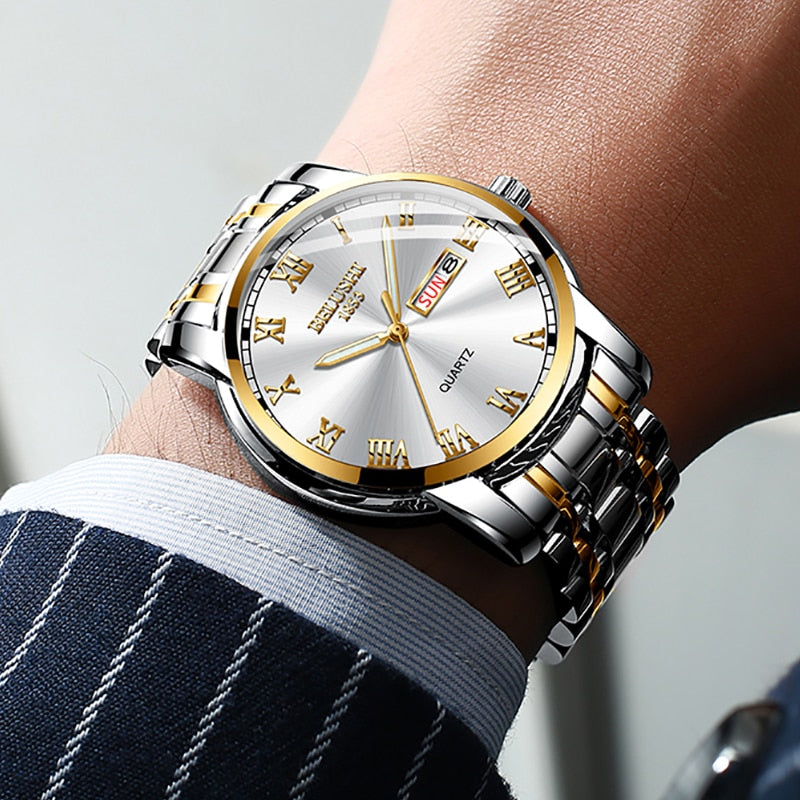BELUSHI-Reloj de pulsera de cuarzo deportivo para hombre, cronógrafo de acero inoxidable con fecha, luminoso, resistente al agua, de lujo