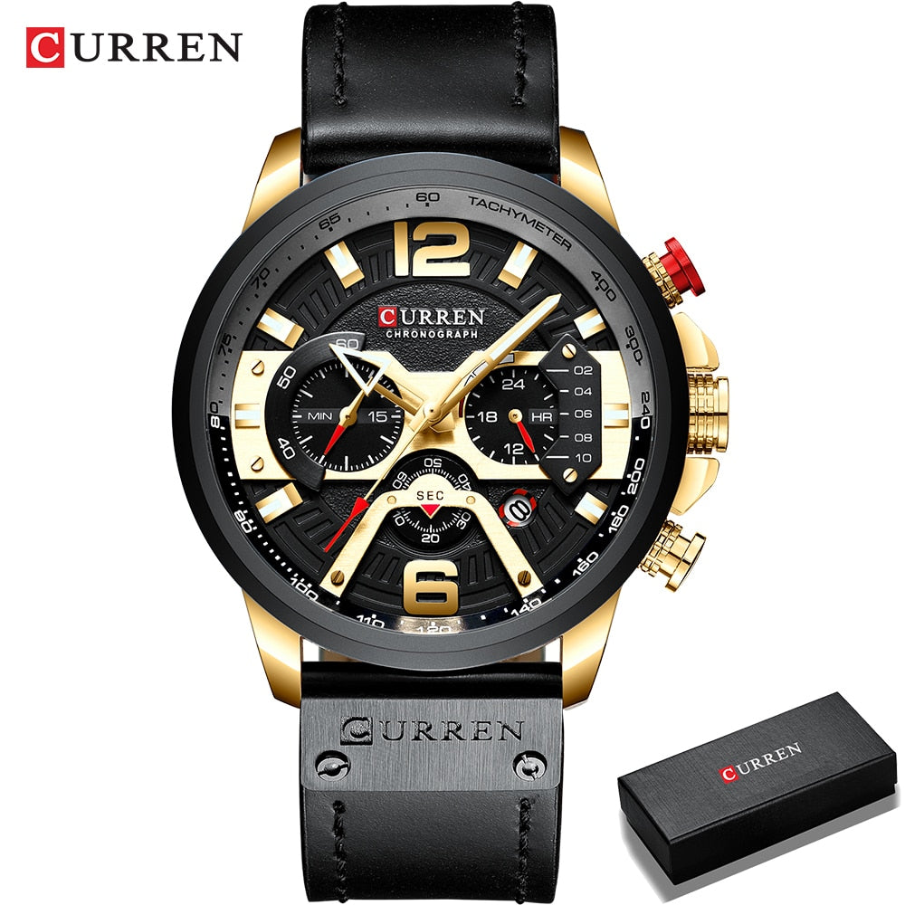 CURREN-relojes para hombre, con estilo informal y militar de lujo, cuenta con un cronógrafo de moda con correa de cuero. Con Caja ideal para regalar.