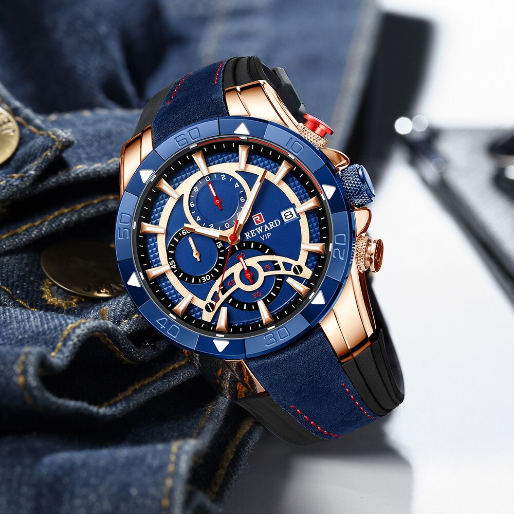 REWARD Fashion Blue Men Watches! ⌚️💦 Marca de lujo con cronógrafo, resistente al agua, y esfera grande. 💙🏆 Reloj de cuarzo deportivo para hombres, ¡novedad de 2023! 🆕👨‍🎤