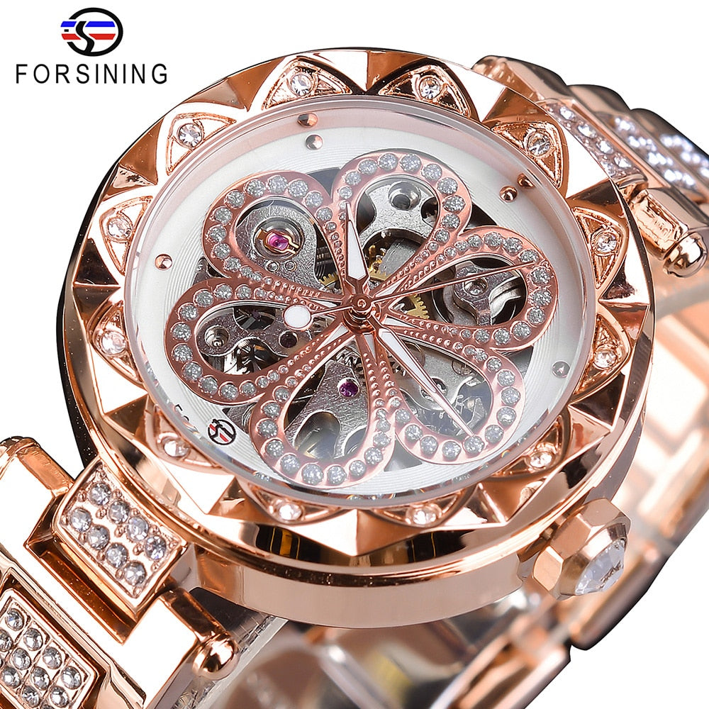 Forsining Reloj mujer, cronógrafo mecánico, resistente al agua, con diamantes y luminoso.