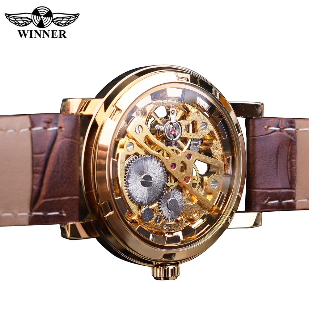 Winner ⌚  impresionante Reloj de Hombre con Caja Dorada Transparente, HERMOSA COLECCION Diseño Casual de Lujo y Correa de Cuero Marrón 🕶️ Reloj Mecánico Esqueleto de Marca Top de Lujo 🌟