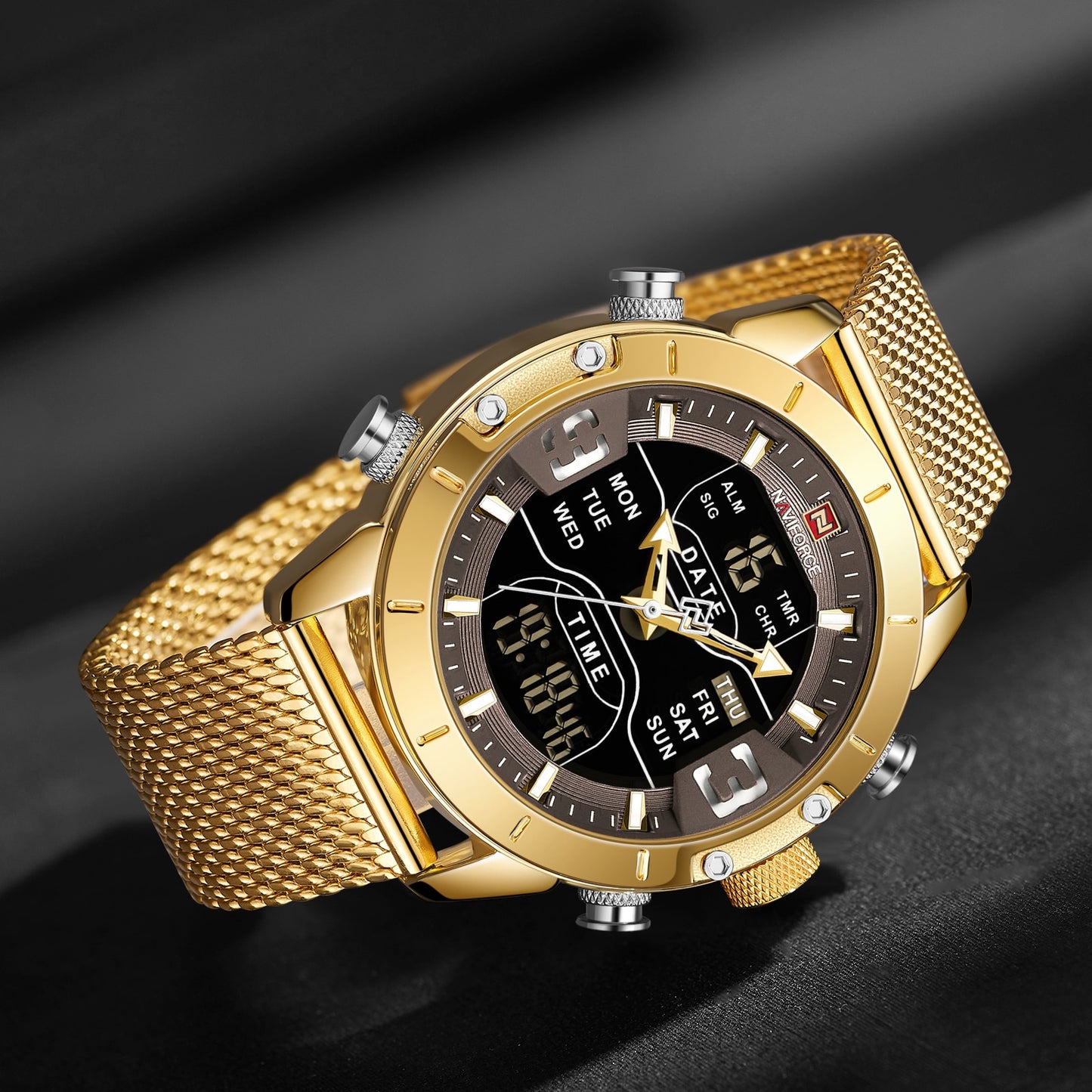 NAVIFORCE – reloj para hombres, cronógrafo de cuarzo, deportivo, militar, digital, LED, de acero inoxidable, masculino
