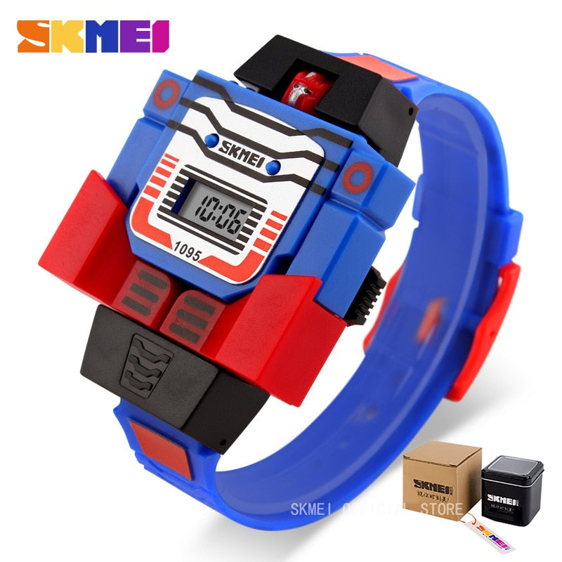 SKMEI para niños con diseño de caricaturas, LED y temática de robots transformables. Perfecto para los niños que les encantan los juguetes de transformación. Ideal para los pequeños entusiastas de los deportes. Modelo 1095 de la marca SKMEI.
