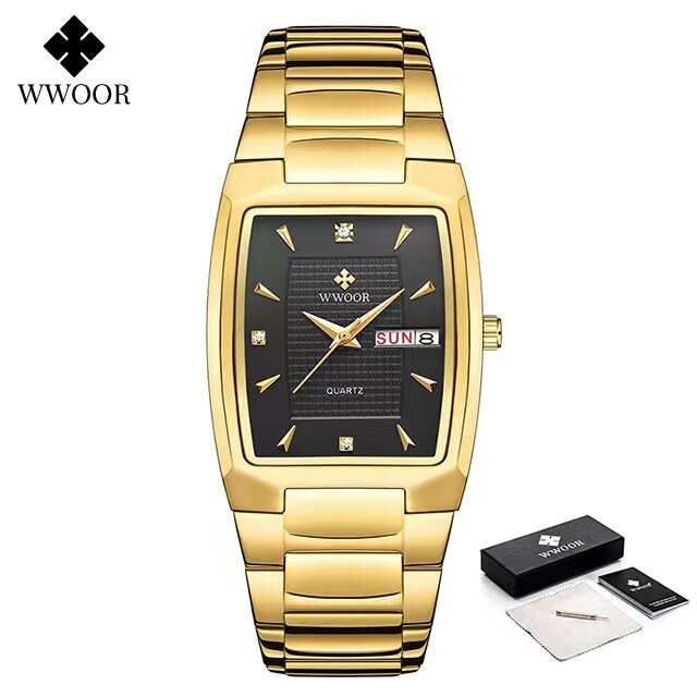 WWOOR ¡Presentamos el "Reloj Dorado de Lujo" para hombres con un nuevo diseño! Fabricado en acero inoxidable, es resistente al agua y cuenta con un calendario y mecanismo de cuarzo. ¡El complemento perfecto para cualquier ocasión! ⌚✨
