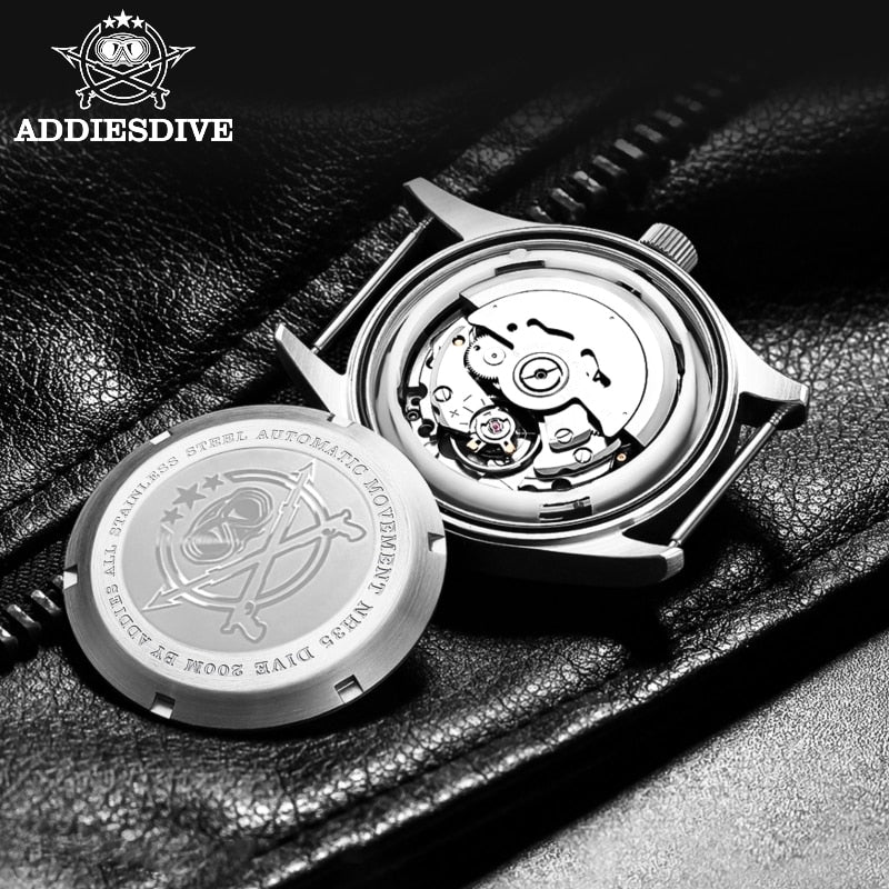Addies Reloj de buceo mecánico para hombre, pulsera de cuero con cristal de zafiro, reloj de piloto de negocios, NH35, automático, resistente al agua hasta 200M