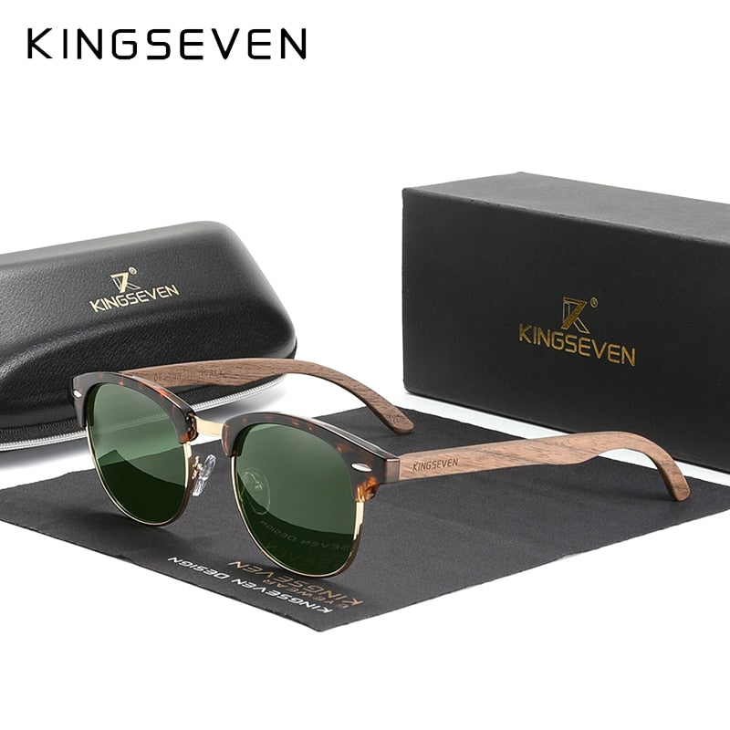 KINGSEVEN 🌳🕶️ Gafas de sol polarizadas hechas a mano para hombre y mujer. Lentes de madera de nogal negro, protección UV400, sin montura, estilo retro para el 2023. 😎🌟