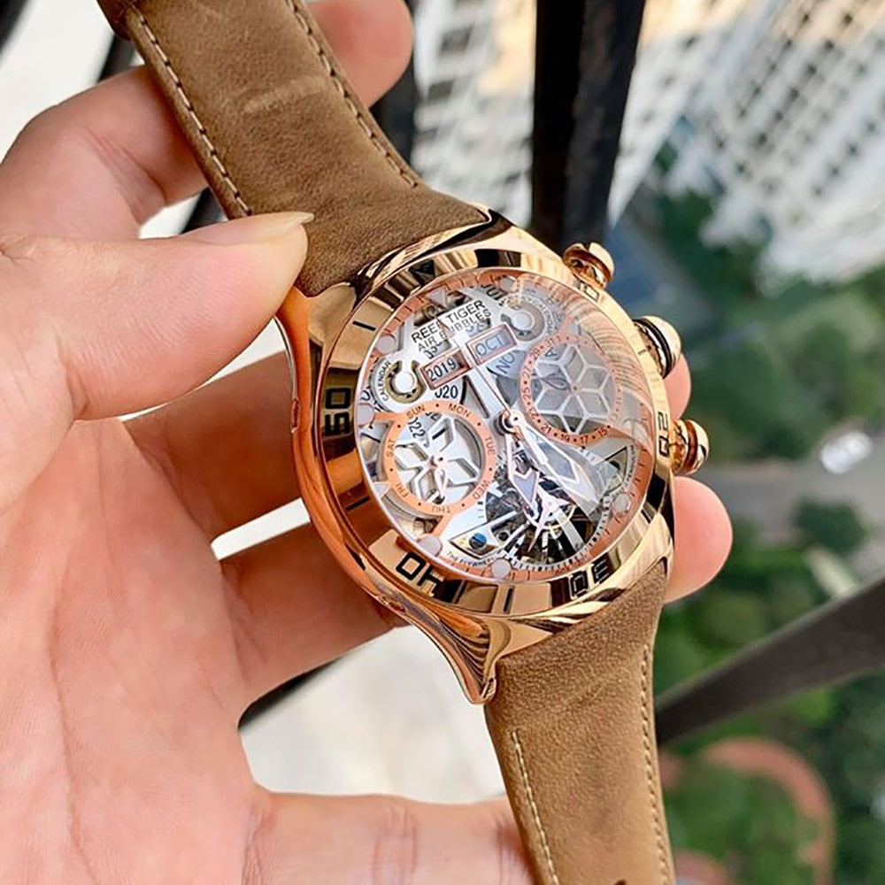 Reef Tiger/RT Reloj Deportivo para Hombres, Reloj Esqueleto Luminoso Año Mes Fecha Día, Oro Rosa, Reloj Automático.