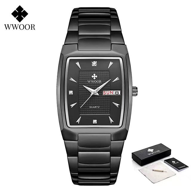 WWOOR ¡Presentamos el "Reloj Dorado de Lujo" para hombres con un nuevo diseño! Fabricado en acero inoxidable, es resistente al agua y cuenta con un calendario y mecanismo de cuarzo. ¡El complemento perfecto para cualquier ocasión! ⌚✨