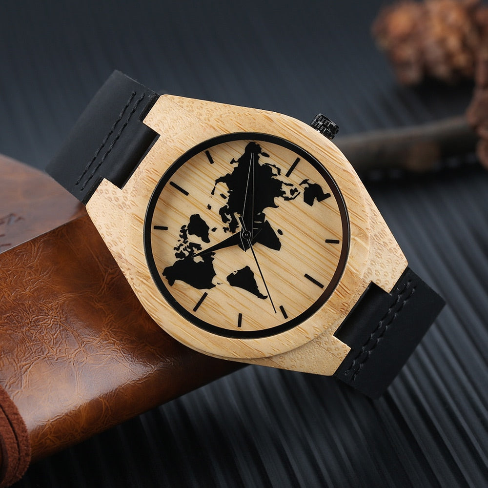 🌍 Reloj de Madera con Mapa Mundial Tallado para Hombres 🕰️, Reloj de Moda de Madera de Bambú 🎋, Reloj de Pulsera de Cuarzo Retro con Correa de Cuero Marrón 🏞️, Esfera con Escala de Reloj ⏱️.