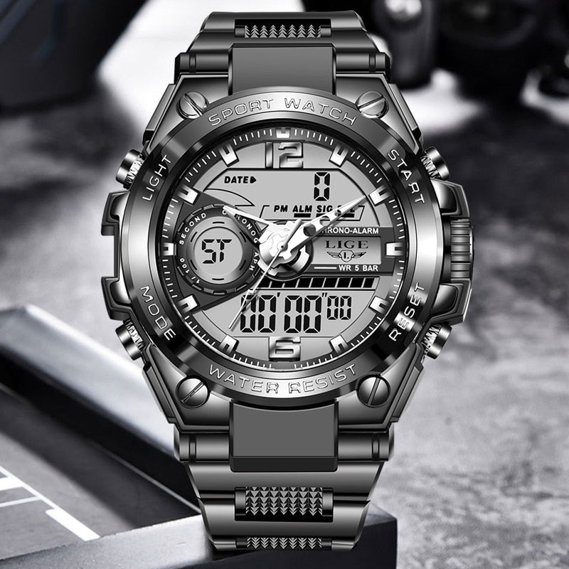 2023 LIGE Sport Men Quartz Digital Watch Creative Diving Watches Men Waterproof Alarm Watch Dual Display Clock Relogio Masculino
