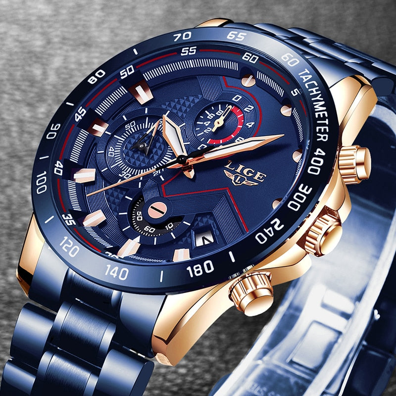 LIGE - 🕰️⌚💪 Reloj deportivo de lujo para hombres 💙💣👨  Cronógrafo de cuarzo y acero inoxidable ⏱️🔧💎  Color azul, estilo militar, a la moda 💙🎖️👨‍✈️  Resistente al agua 💧💦🌊