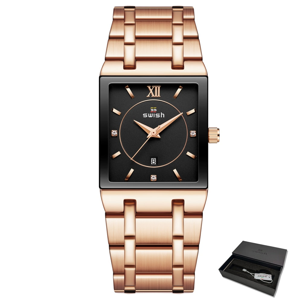 SWISH "Reloj de Pulsera de Lujo para Mujer, Elegante y Dorado. Moda de Reloj Cuadrado con Movimiento de Cuarzo. Reloj Femenino con Diamantes, de Marca Top de Lujo."
