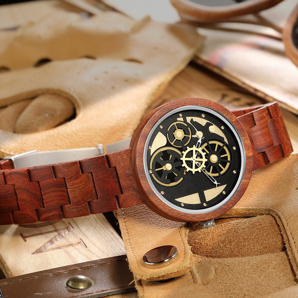 🕰️⌚️🎁 Reloj De Madera Wanlut para hombre, un impresionante cronógrafo De cuarzo con correa De Madera sólida. Su diseño creativo incorpora una única rueda De engranaje, que agrega un toque de ingenio y estilo a tu muñeca.
