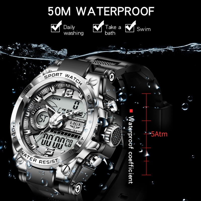 2023 LIGE Sport Men Quartz Digital Watch Creative Diving Watches Men Waterproof Alarm Watch Dual Display Clock Relogio Masculino