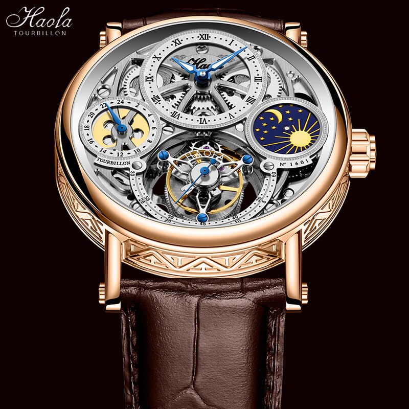 Haofa-Reloj de pulsera con movimiento Tourbillon para hombre, cronógrafo mecánico de zafiro, Tourbillon, día y noche, 1601