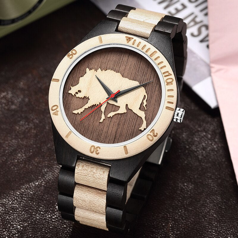 Reloj de madera de cebra marrón para hombre, pulsera de cuarzo con correa de madera, Calavera pirata grabada