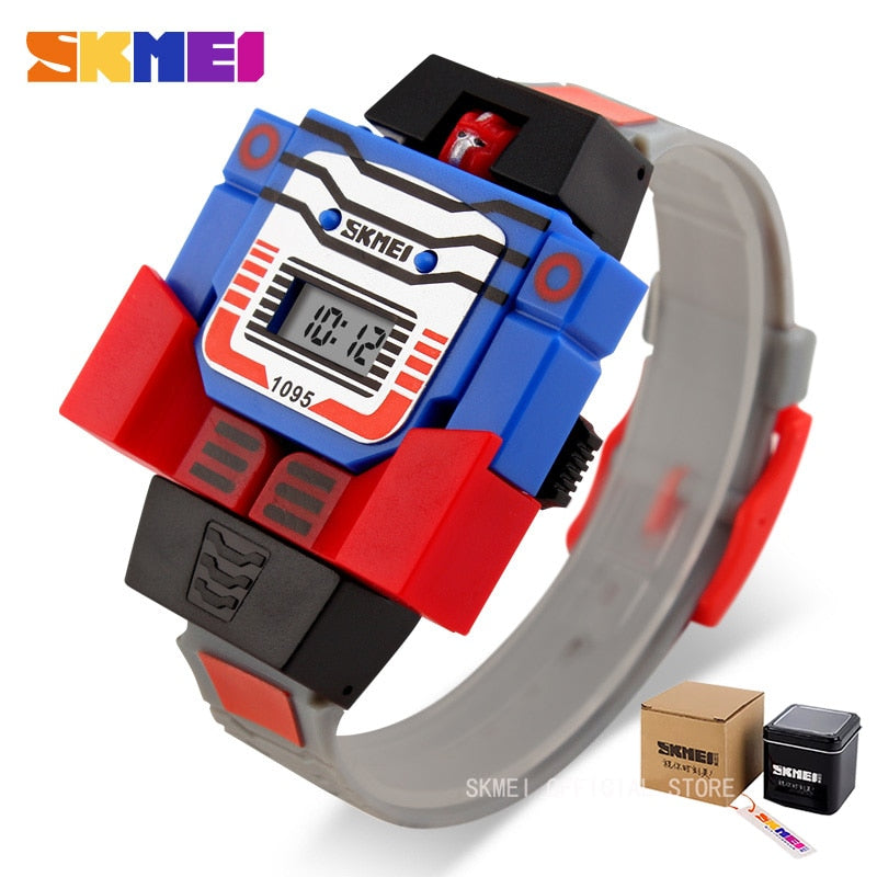SKMEI para niños con diseño de caricaturas, LED y temática de robots transformables. Perfecto para los niños que les encantan los juguetes de transformación. Ideal para los pequeños entusiastas de los deportes. Modelo 1095 de la marca SKMEI.