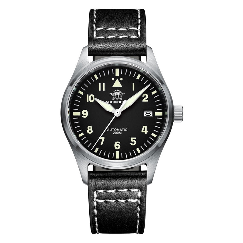 Addies Reloj de buceo mecánico para hombre, pulsera de cuero con cristal de zafiro, reloj de piloto de negocios, NH35, automático, resistente al agua hasta 200M
