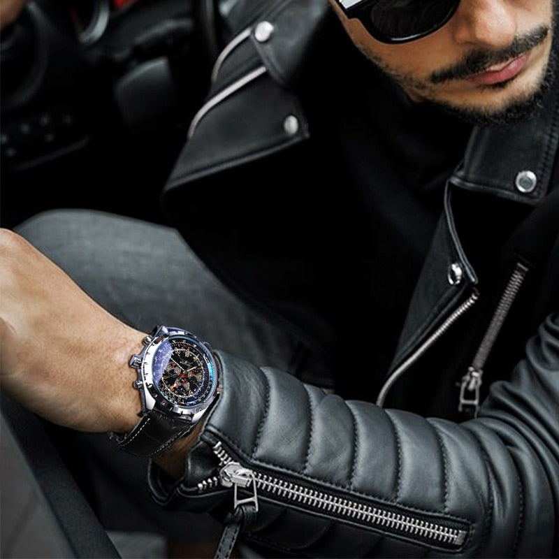 Jaragar Reloj Mecánico Automático con Calendario Deportivo Diseño de Piloto Reloj de Pulsera para Hombres Marca de Lujo Top Moda Cuero Masculino 👨‍✈️