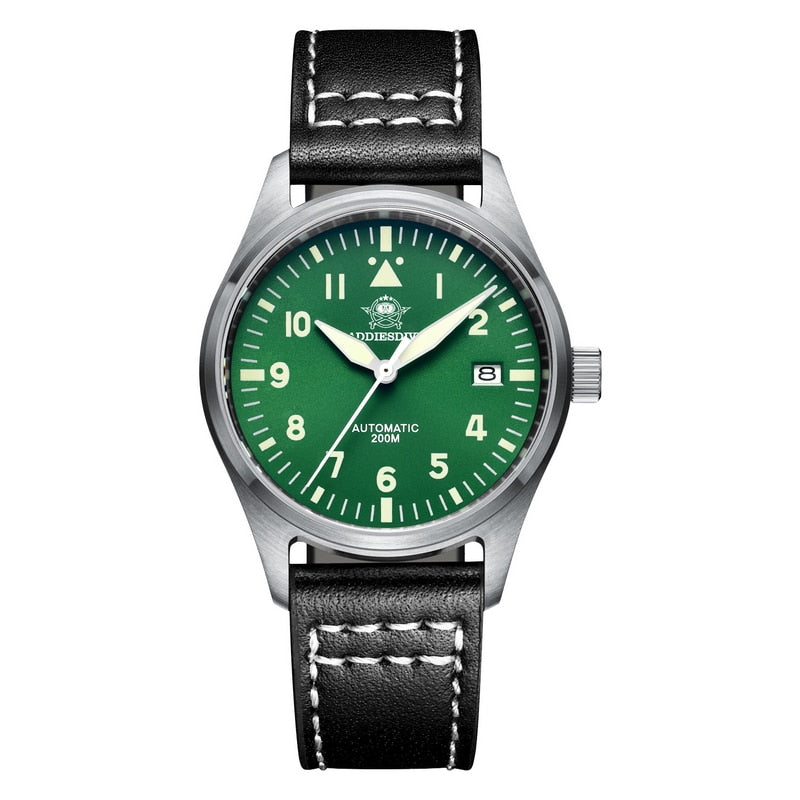Addies Reloj de buceo mecánico para hombre, pulsera de cuero con cristal de zafiro, reloj de piloto de negocios, NH35, automático, resistente al agua hasta 200M