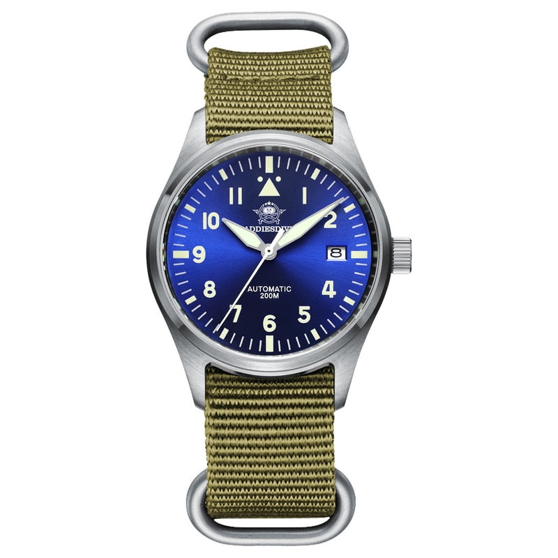 Addies Reloj de buceo mecánico para hombre, pulsera de cuero con cristal de zafiro, reloj de piloto de negocios, NH35, automático, resistente al agua hasta 200M