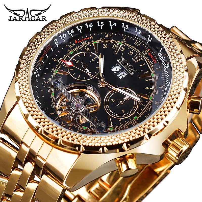 Jaragar 2017 – reloj con esfera dorada con bisel dorado para hombres, diseño de esfera de acero inoxidable, mecánico, automático, masculino