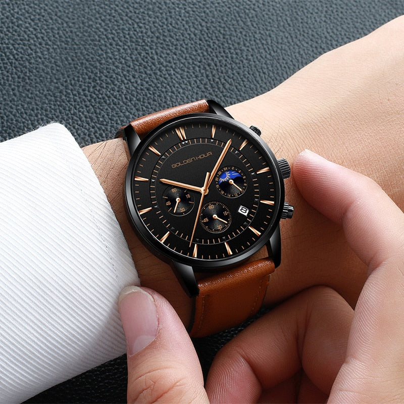 GOLDENHOUR-Reloj deportivo, cronógrafo cuarzo, de lujo, moda, cuero, resistente al agua