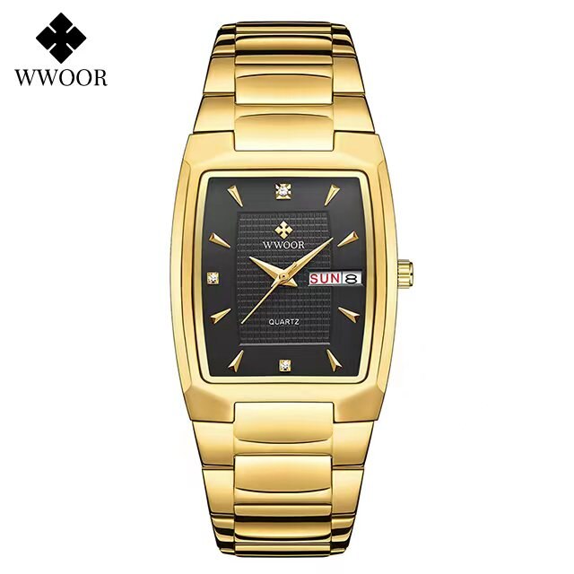 WWOOR ¡Presentamos el "Reloj Dorado de Lujo" para hombres con un nuevo diseño! Fabricado en acero inoxidable, es resistente al agua y cuenta con un calendario y mecanismo de cuarzo. ¡El complemento perfecto para cualquier ocasión! ⌚✨